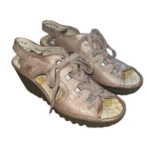 FLY London Ylfa Leather Lace Up Tan Gold Wedge Sandals Size 38